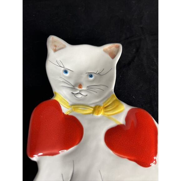 Porcelain Cat Shape With Red Hearts Hand Painted Tray/Dish Made in Italy #7145 - Picture 6 of 8